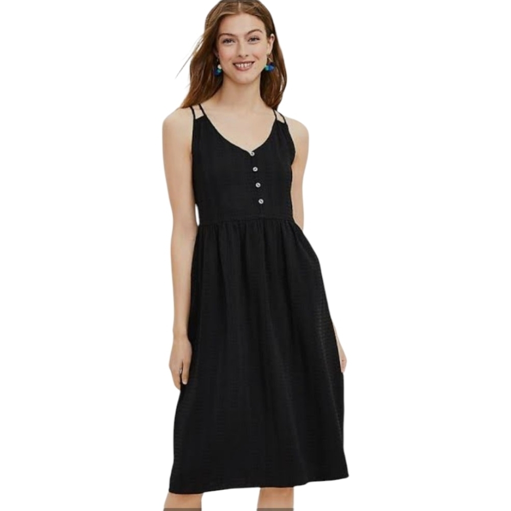 LOFT Black Midi Sundress with Button Front